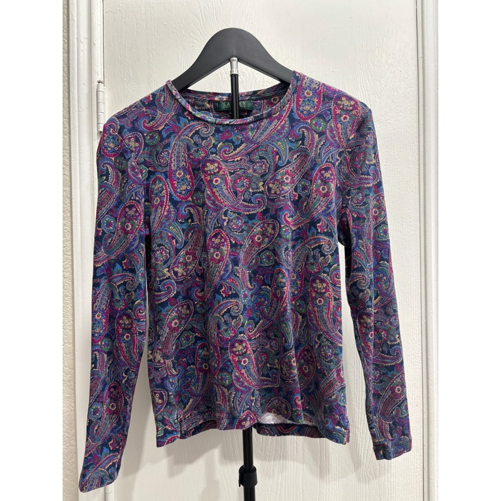 Lauren Ralph Lauren Petite PL Paisley Long Sleeve Cotton Top Blue Purple Pink
